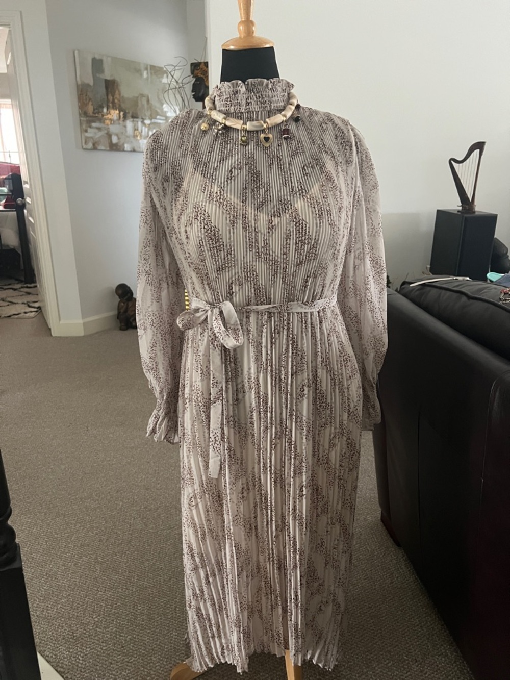 Women's Long Sleeve Smocked Neck Maxi Dress by En Saison. Light Taupe Floral